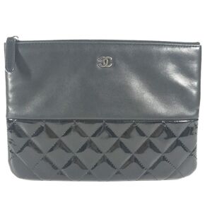 CHANEL Clutch bag Leather, Patent Leather black CC COCO Mark logo